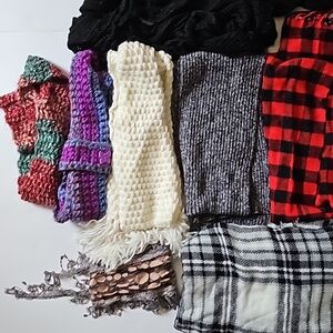 Bundle of 8 scarves. Various lengths and colors.  Buffalo plaid